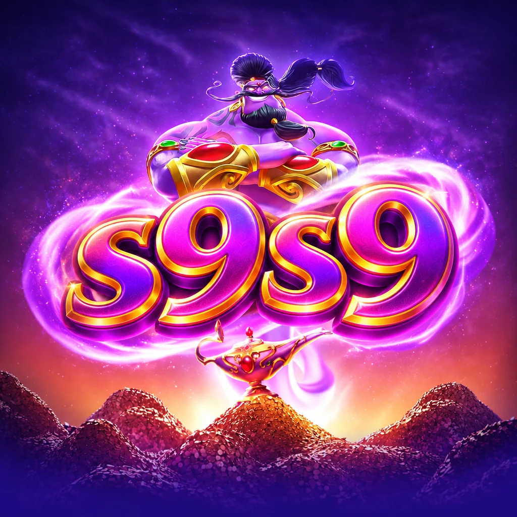 Logo s9s9 dengan sosok jin ungu di atas lampu ajaib dan bukit koin emas dalam tema Genies Wishes