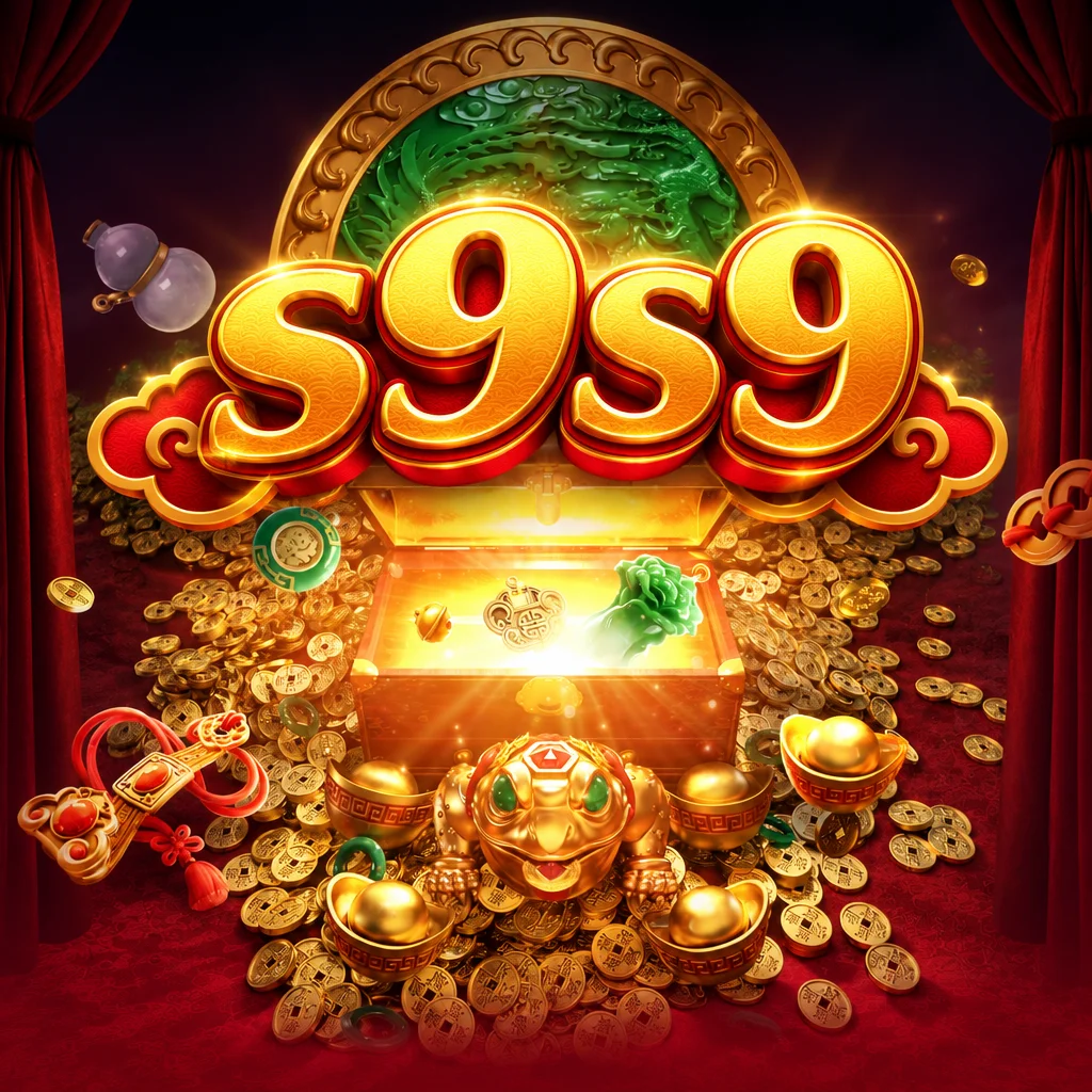 Logo s9s9 di atas peti harta karun terbuka, patung katak emas, dan tumpukan koin dalam tema Jewels Prosper